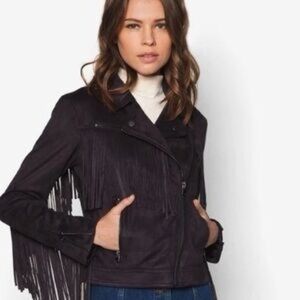 Topshop Black Faux Suede Fringe Moto Western Jacket | Size 6